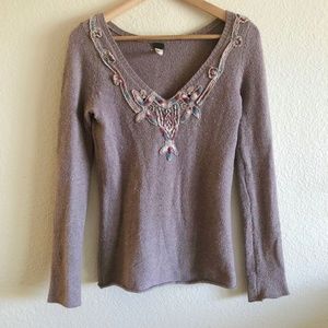 Free People Embroidered Purple Gray Sweater